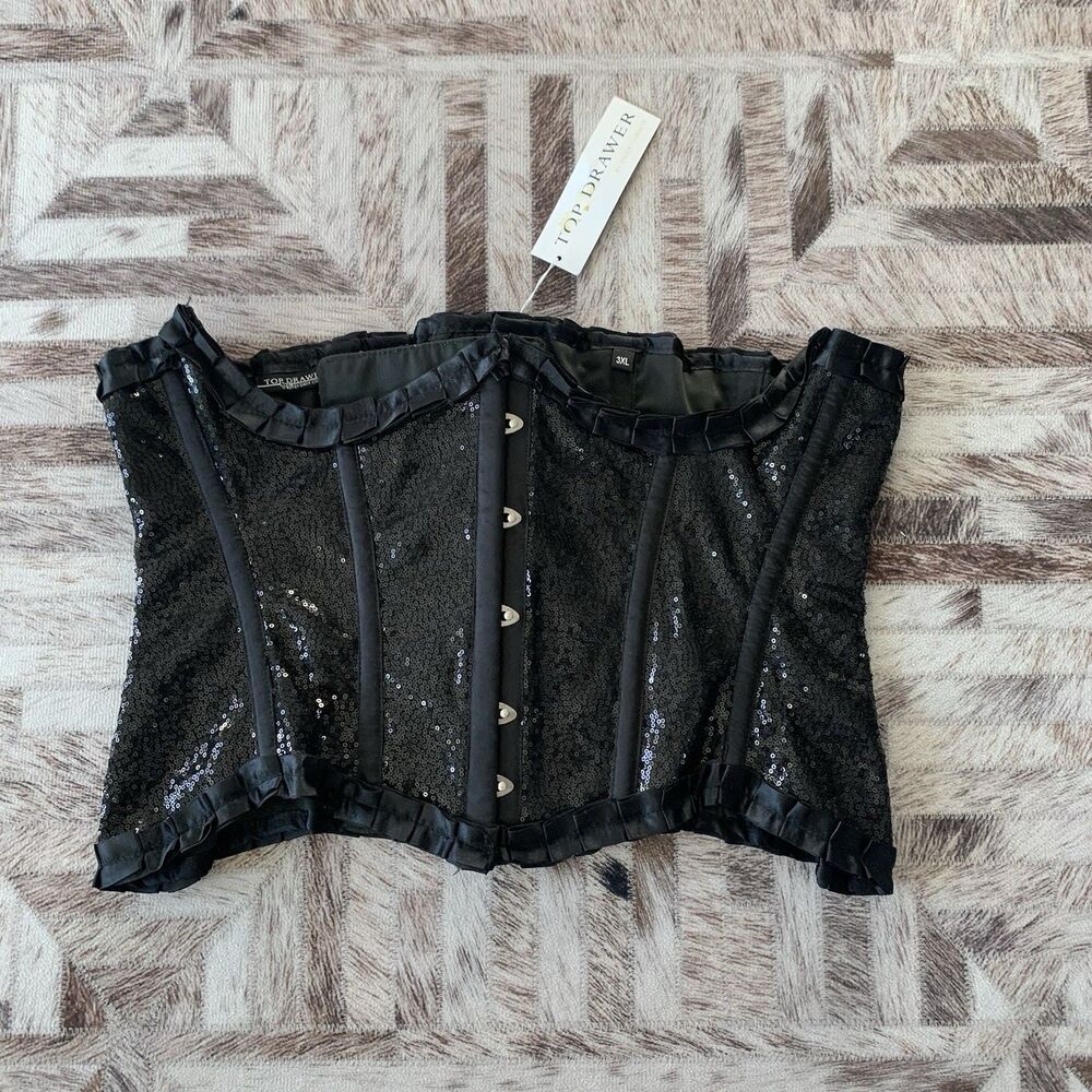 Daisy Corsets Top Drawer Womens Black Sequin Steel Boned Overbust Corset 3XL NWT